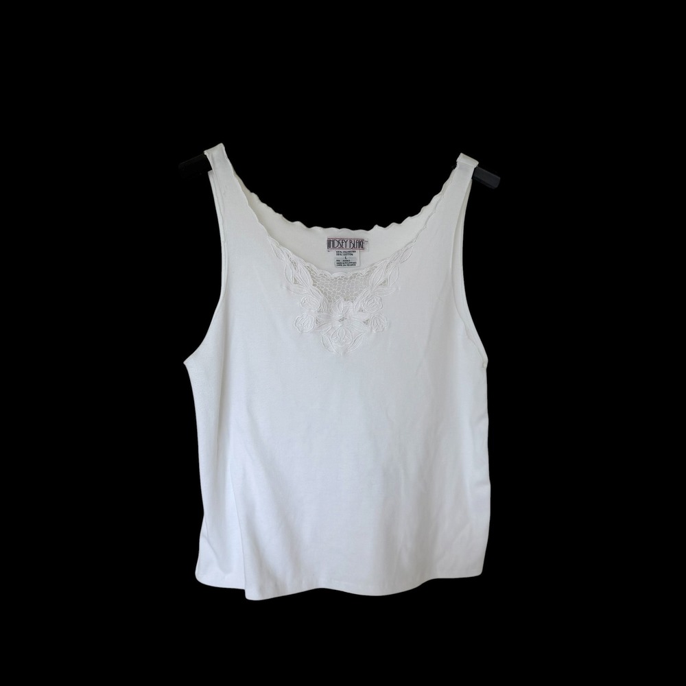 80's Lindsey Blake Coquette Lace Trim Tank Top Sleeveless Floral Embroidery L‎